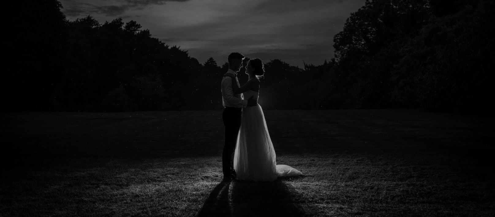 faq-hero Elegant photo featuring a Bride & Groom on our lawn - Black & White